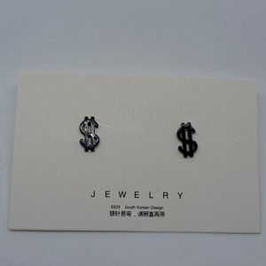 Dollar Money Sign Earrings Hip Hop Currency Black tone Studs